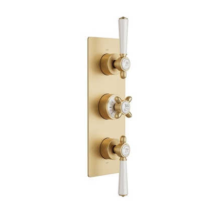 Booth & Co. Axbridge Brushed Brass 3 Outlet 3 White Handle Shower Valve